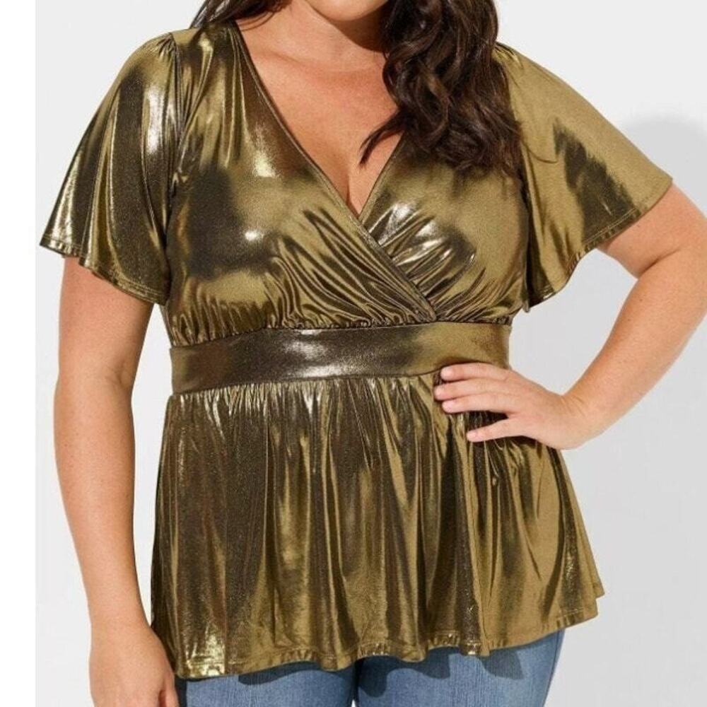 Torrid Top Liquid Shine Peplum Blouse Sz 18/20 Gold Metallic Party New